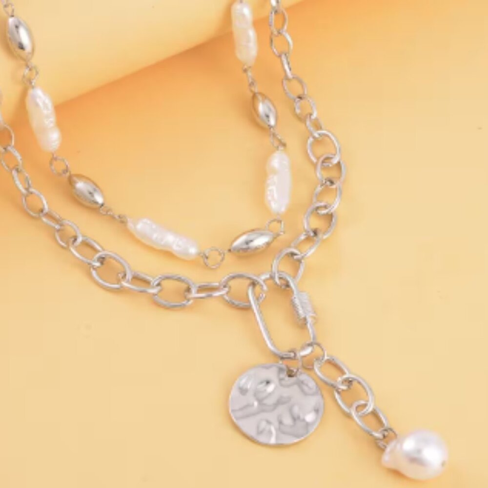 Simulated Pearl Pendant with Link Chain Necklace
